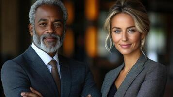 Two professionals stand confidently, smiling and dressed in business attire, showcasing teamwork and success photo