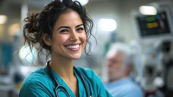 Nurse smiles warmly while attending to a patient in a hospital setting photo
