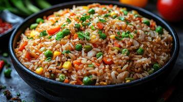 A vibrant bowl of fried rice packed with colorful vegetables and herbs, ready to be enjoyed photo