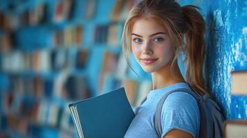A student stands with books, smiling brightly in a vibrant library setting photo