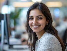 A young woman enjoys her workday, smiling brightly at her desk in a busy office photo