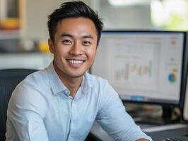 A young man is smiling while seated at his desk in a contemporary office with graphs visible behind him photo