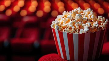 Freshly made popcorn awaits moviegoers in a theater with red seats photo