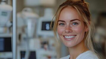 A healthcare professional smiles warmly while interacting with patients in a clinic photo