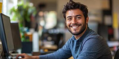 A man smiles while working on his computer in a well-lit office environment photo