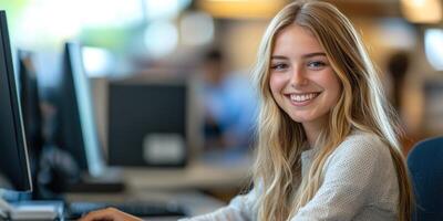 A young woman smiles brightly as she focuses on her computer in a busy office setting photo