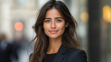A young woman stands confidently, smiling in a bustling urban environment photo