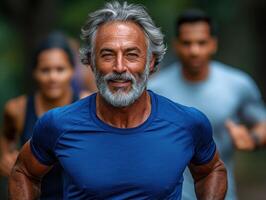 A group of older adults enjoy running together on a wooded trail photo