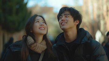 A couple smiles happily, looking up at the sky while walking through a park photo