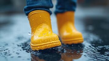 Yellow rain boots dance through puddles as raindrops create ripples on the surface photo