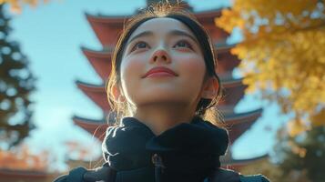 A woman gazes upwards, surrounded by vibrant autumn foliage and traditional architecture photo