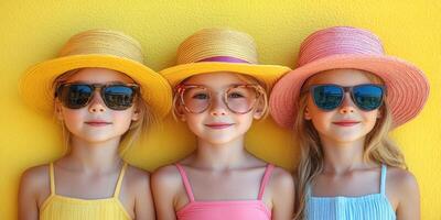 Three girls wearing hats and sunglasses enjoy a sunny day in front of a cheerful yellow background photo