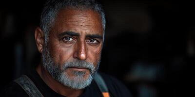 A middle-aged man gazes thoughtfully in a dimly lit workshop photo