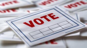 Ballots are neatly arranged on a table, inviting participation in the election process photo