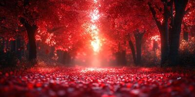 A serene forest path covered in vibrant red leaves under a warm glow photo