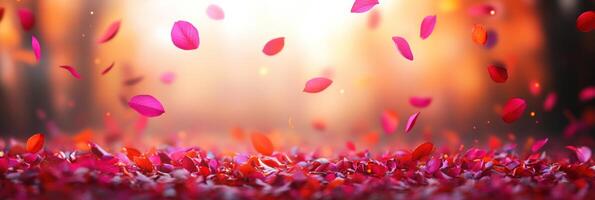 Petals cascade softly to the ground, creating a colorful blanket at dusk photo