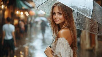 Young woman smiles while holding an umbrella in a rainy, bustling urban street photo