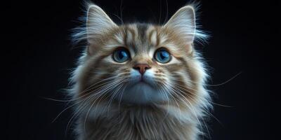 A fluffy cat gazes intently with striking blue eyes in low light photo