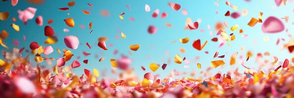 Petals swirl gracefully in the air, creating a vibrant display of color under a clear sky photo