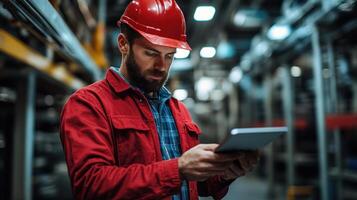 A worker in a red jacket and helmet inspects data on a tablet in a busy warehouse photo