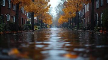 Raindrops create ripples on a flooded street adorned with golden autumn leaves photo