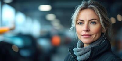 A woman confidently smiles while standing at an urban location photo
