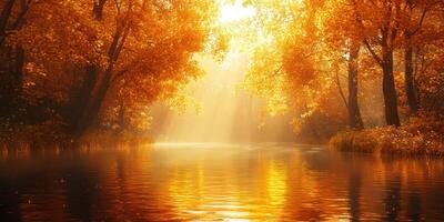 Golden sunlight filters through trees as a calm river reflects fall colors in the evening light photo