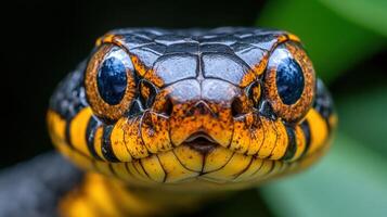 A vibrant snake displays its striking colors while resting among foliage photo