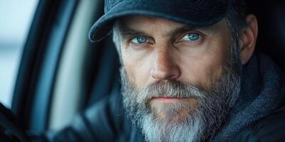 A man gazes intensely while seated inside a vehicle during a cold winter day photo