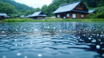 Raindrops fall on the lake, creating ripples while wooden houses stand in the background photo