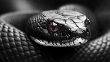 A black snake displays its textured scales and vivid red eyes while coiled in the wild photo