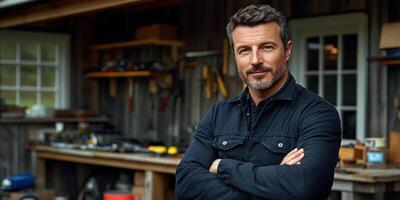 A man poses confidently in a rustic workshop filled with tools and materials photo