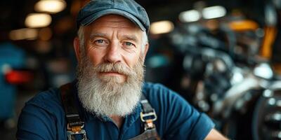 A bearded mechanic sits proudly in his workshop, surrounded by tools and machinery photo