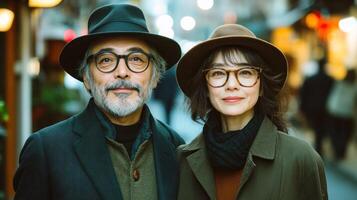 An elderly couple stands together dressed in fashionable hats and coats in an urban setting photo