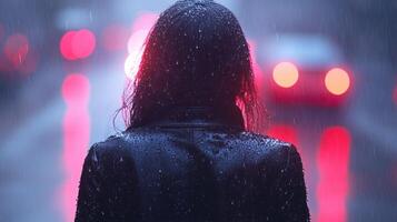 A figure in a wet jacket looks out into a rainy city street photo