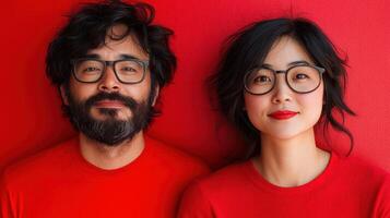A couple smiles joyfully while dressed in red attire against a colorful backdrop photo