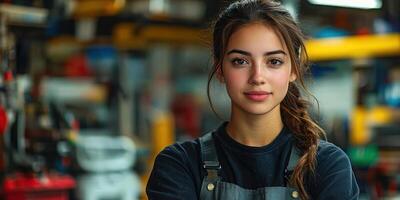 A confident young woman stands proudly in a workshop surrounded by tools photo