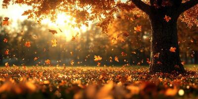 Leaves cascade down as sunlight filters through trees in a tranquil autumn landscape photo