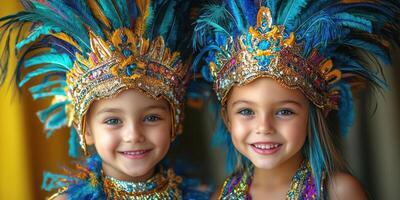 Two cheerful girls in vibrant costumes with feathers share a joyful moment together photo