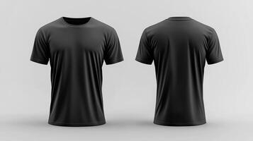 A modern black t-shirt shown from both front and back on a simple backdrop photo