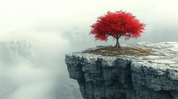 A vivid red tree grows on a rocky cliff amidst fog and distant mountains photo