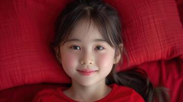 A cheerful young girl relaxes on soft red pillows, enjoying a bright and cozy atmosphere photo