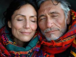 A couple shares a warm moment, embracing with closed eyes while wrapped in colorful scarves photo