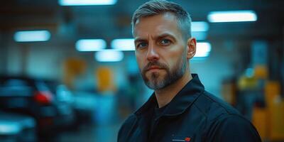 A mechanic in dark attire poses confidently in a busy garage at dusk photo