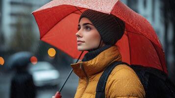 A woman stands in the rain, holding a red umbrella, gazing thoughtfully in a city setting photo