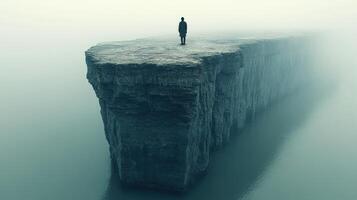 A lone person stands on a fog-covered cliff overlooking calm water photo