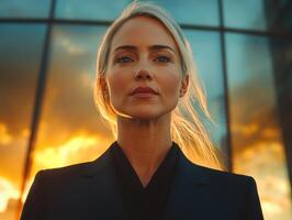 A determined businesswoman stands tall with sunset behind her, showcasing strength and focus photo