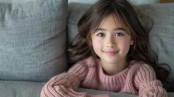 A cheerful girl enjoys her time at home, resting comfortably on a soft sofa photo