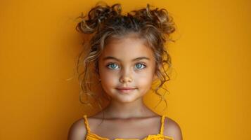 A cheerful girl poses with curly hair and bright eyes in front of a yellow backdrop photo