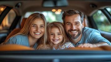 A joyful family enjoys time together inside their vehicle with bright smiles photo